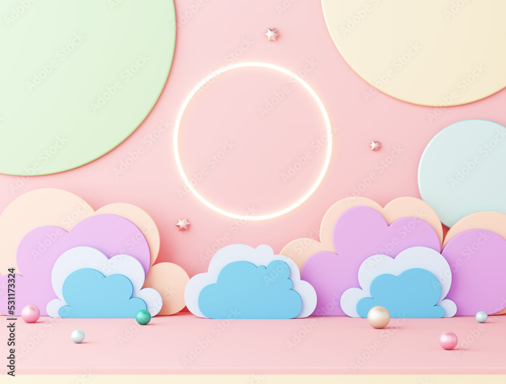 stage podium party kid cute theme. sun neon light colorful cloud sky and star backdrop with sphere balls on pink floor. playground, nursery and performances shows festival fun child. 3D Illustration.