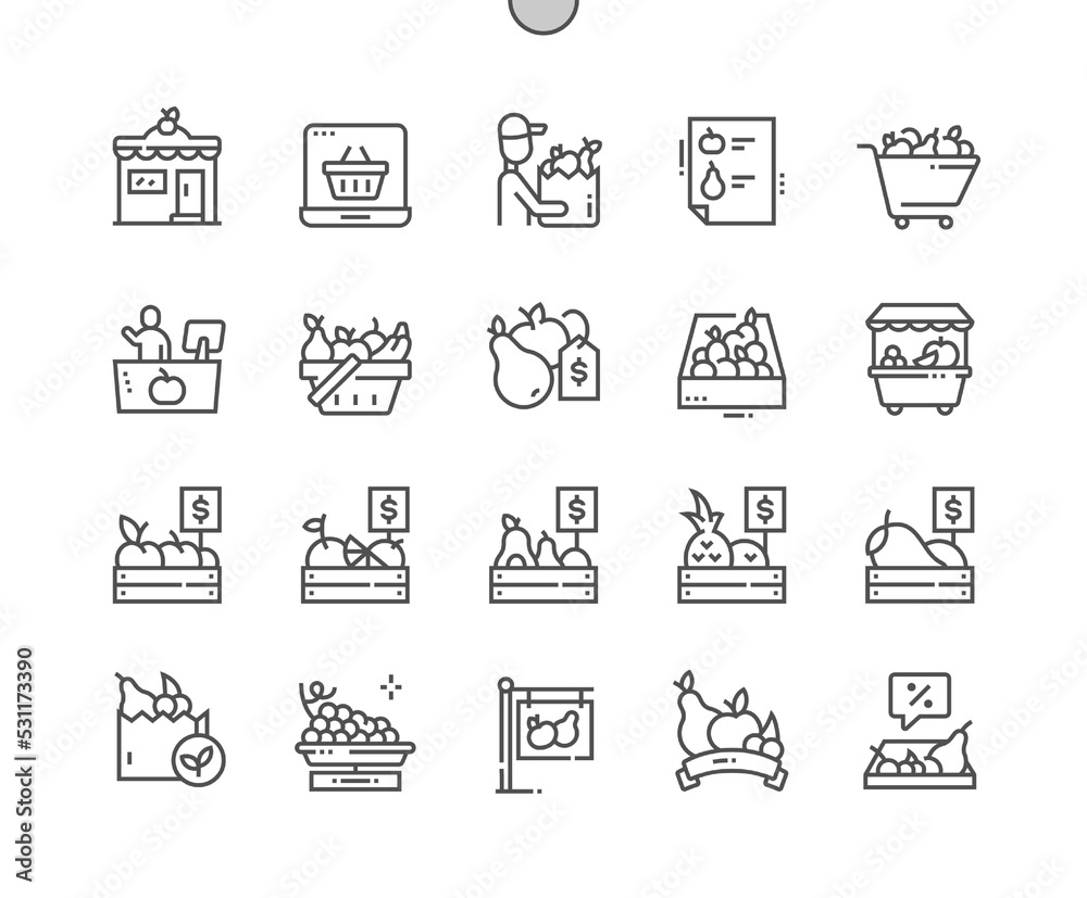 Fruit shop. Mango price. Delivery fruits. Supermarket of natural food. Pixel Perfect Vector Thin Line Icons. Simple Minimal Pictogram Fruit shop. Mango price. Delivery fruits. Supermarket of natural food. Pixel Perfect Vector Thin Line Icons. Simple Minimal Pictogram
