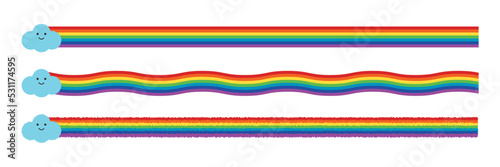Illustration graphic set of line border decoration of cute cloud and colorful rainbow combination.