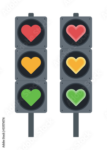 Graphic illustration of a traffic light concept in the shape of a heart with lights in red, yellow and green. A design that expresses the signal of love as a traffic light.