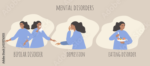 vector illustration in a flat style on the theme of mental disorders - bipolar disorder, depression, eating disorder