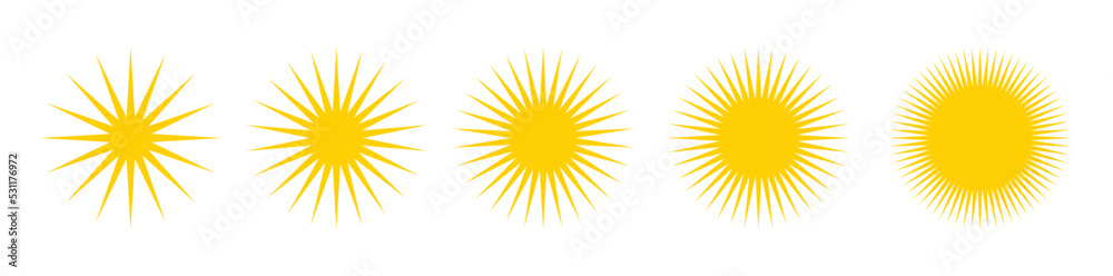 Sun icon set. Sunlight, sunny and sunburst symbol vector illustration.