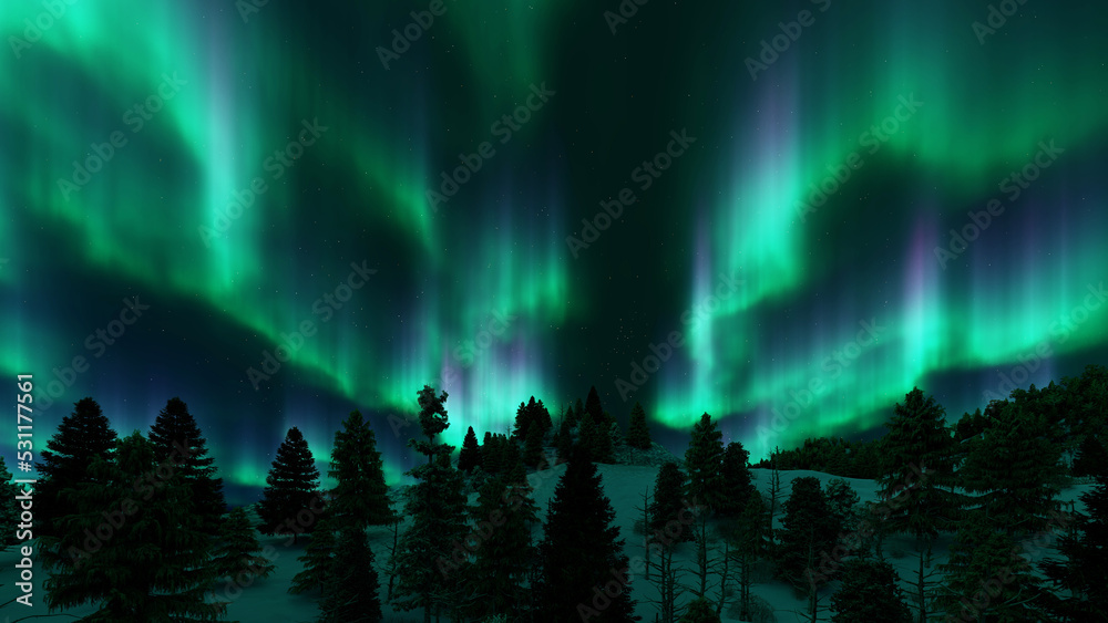 A beautiful green and red aurora dancing over the hills