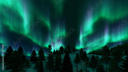 A beautiful green and red aurora dancing over the hills