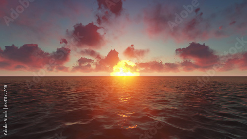 Bright sunset with large yellow sun under the sea surface