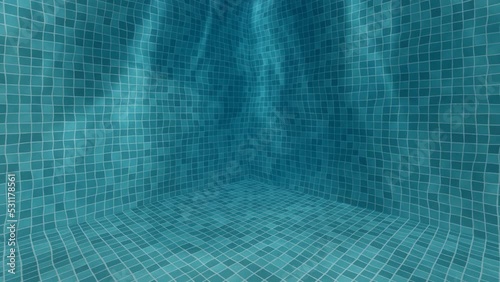 Bottom of the swimming pool. Clear water background with the reflection of sun rays underwater. Amazing view from underwater. Inflowing water jet into a swimming pool with blue tiles. photo