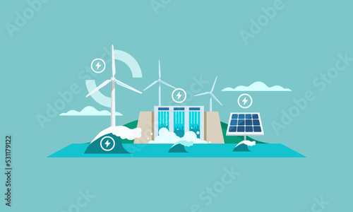 vector illustration with wind turbine and solar panels Dam with water to generate electricity and wave energy renewable energy save the environment ecology green energy concept