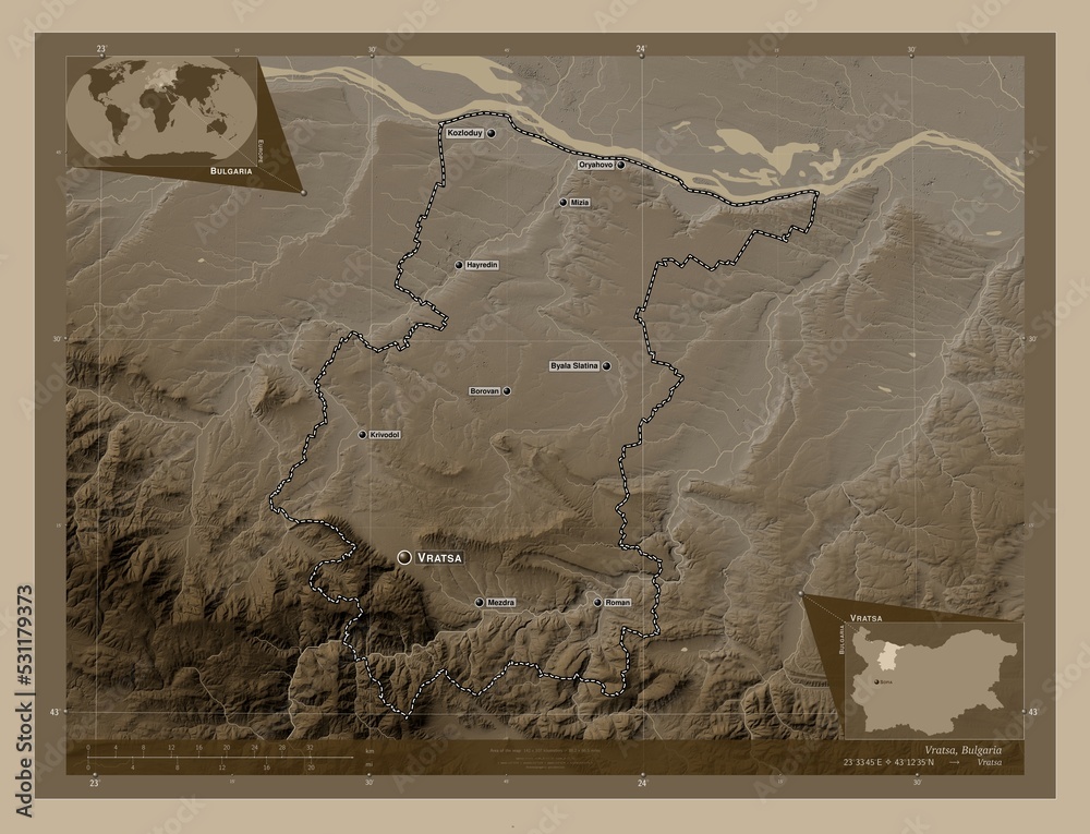 Vratsa, Bulgaria. Sepia. Labelled points of cities Vratsa, Bulgaria. Sepia. Labelled points of cities