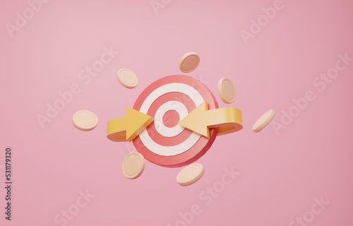 Arrow curving around target with coins, retargeting marketing strategy concept, 3d render illustration. photo