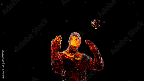 A fantastic cosmic being with an unstable transparent body, creates geometry in space. Cosmic deity, a person of the future or a character from another reality , Computer visualization, 3d rendering