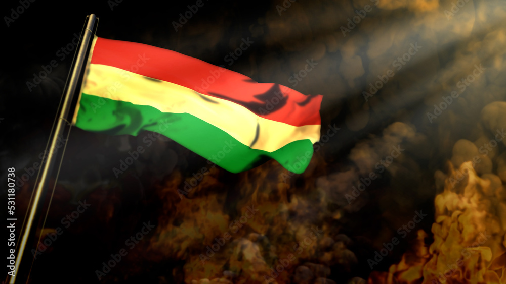 Naklejka premium defocused Hungary flag on smoke with sun beams background - catastrophe concept - abstract 3D illustration