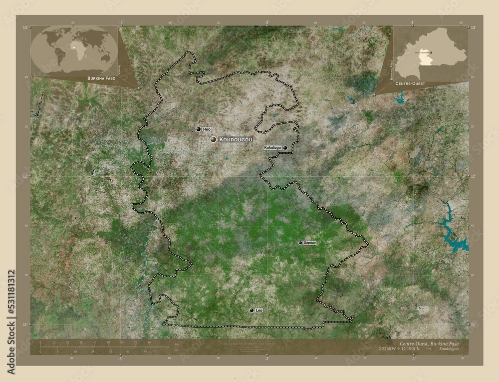 Fototapeta premium Centre-Ouest, Burkina Faso. High-res satellite. Labelled points of cities