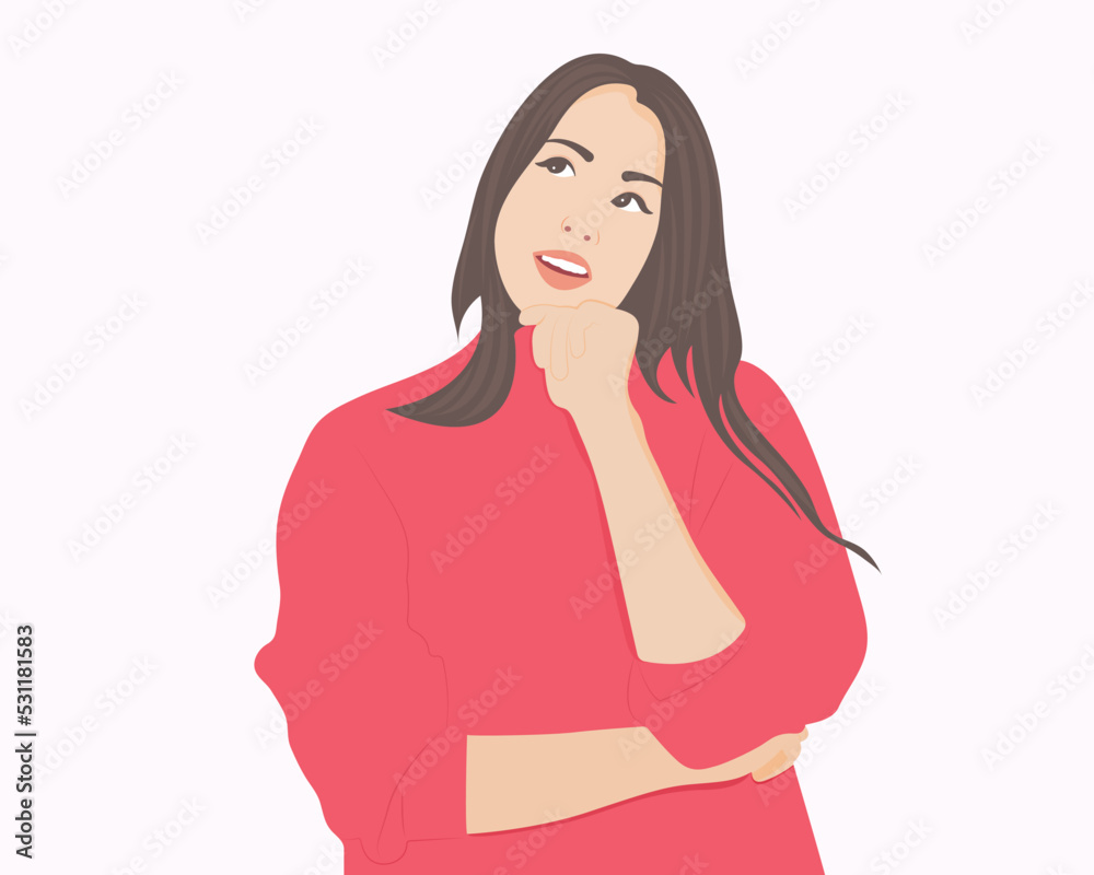 A beautiful woman put her hand on her chin thinking meditating or having a question. Vector illustration.