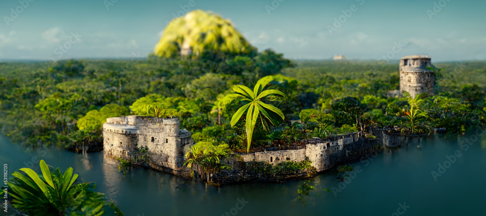 3D rendering. Fantasy caribbean paradise island with the river illustration