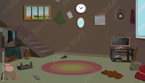 Village room inside vector artwork illustration, Poor house room interior vector illustrations.