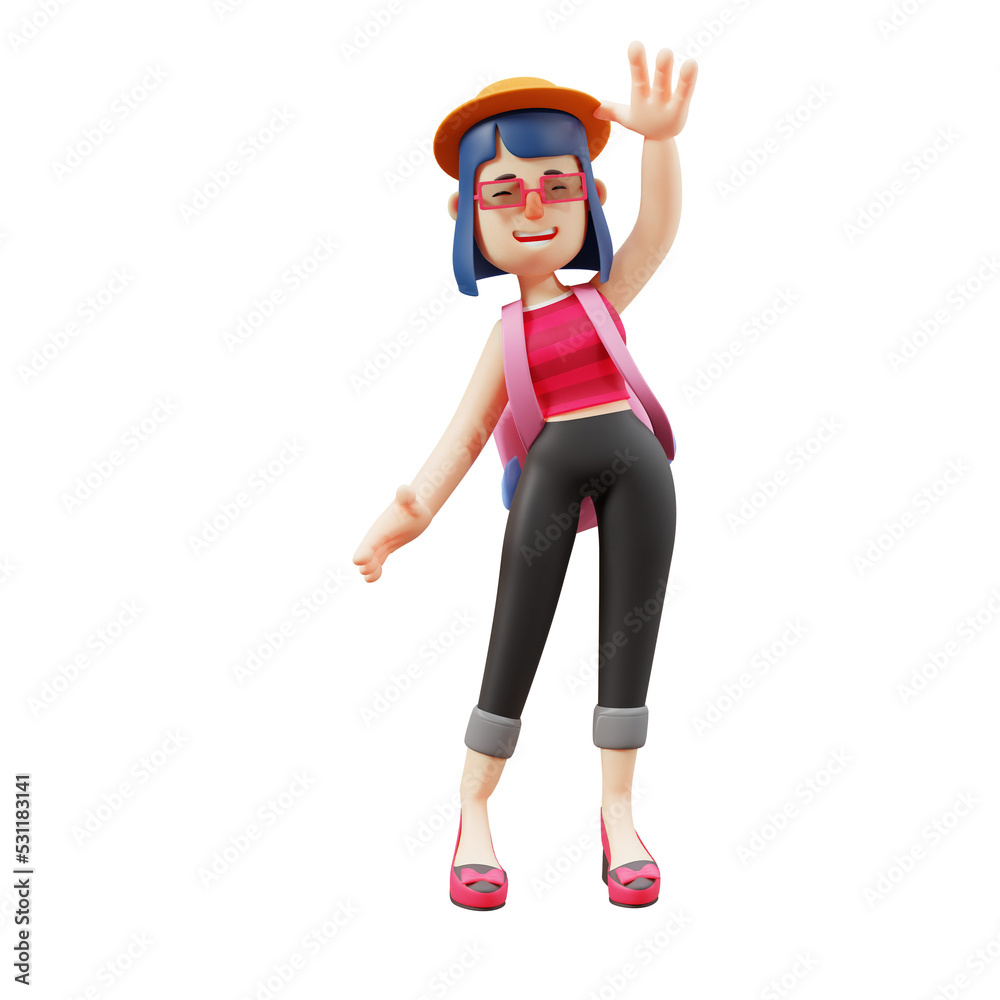 3D illustration. 3D Cute Woman character illustration saying hi. while waving his hand. with a funny laughing expression. 3D Cartoon Character 3D illustration. 3D Cute Woman character illustration saying hi. while waving his hand. with a funny laughing expression. 3D Cartoon Character