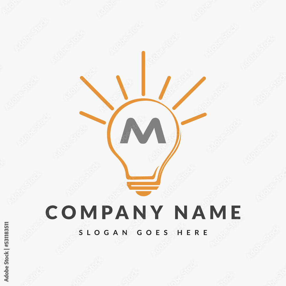 Letter M Electric Logo, Letter M With Light Bulb Vector Template. - obrazy, fototapety, plakaty 