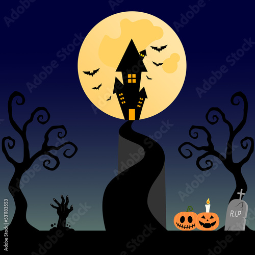 halloween background with pumpkin, castle, ghost and bats