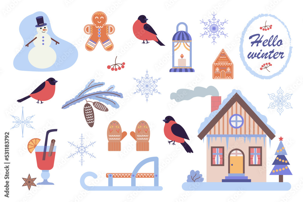 Fototapeta premium A set of simple illustrations on the theme of winter. vector illustration