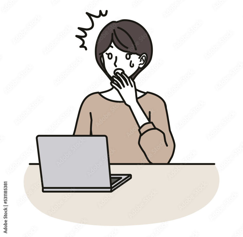 パソコンの画面を見て驚く女性