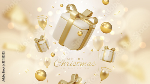 Merry christmas background with gift box decoration and gold ball and balloons with bokeh elements and glow effects. Vector illustration.