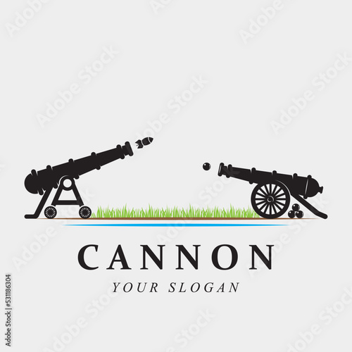 Foto creative cannon, cannon ball, and artillery vintage logo with slogan template