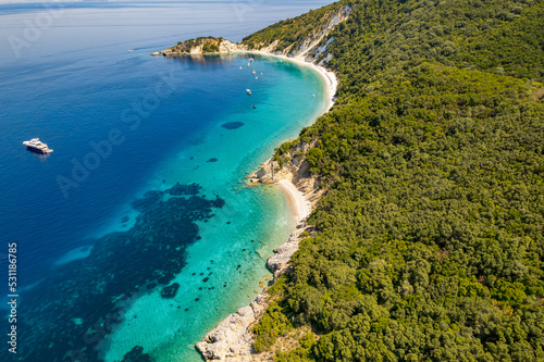 Aerial photo of the paradise beach of Gidaki in Ithaca, the beautiful Ionian island of Greece.