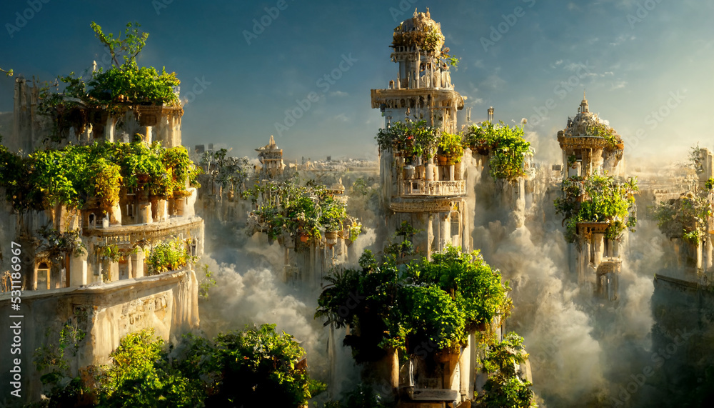 hanging gardens of Babylon artistic rendition Stock-Illustration | Adobe  Stock