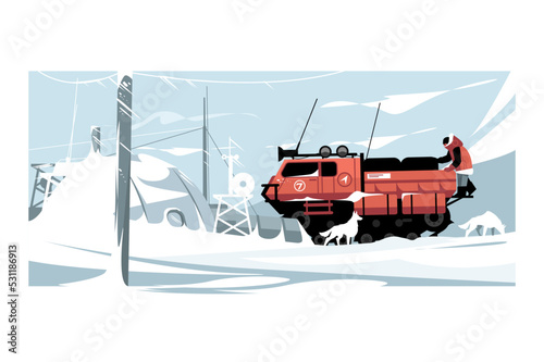 Man scientist climb on truck, mobile shelter