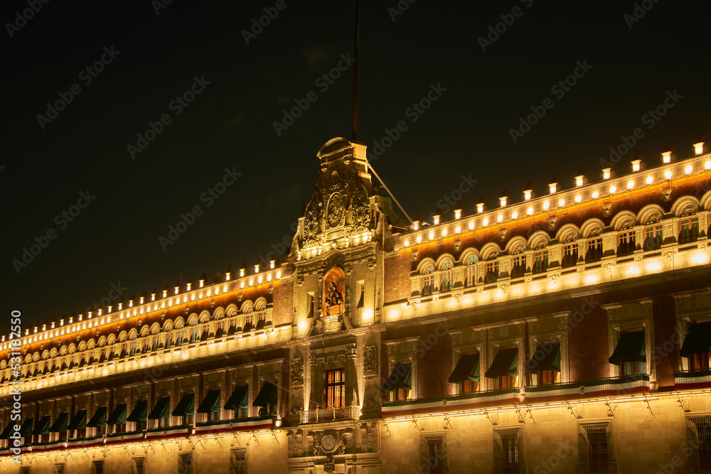 Mexico City Government Building at night.