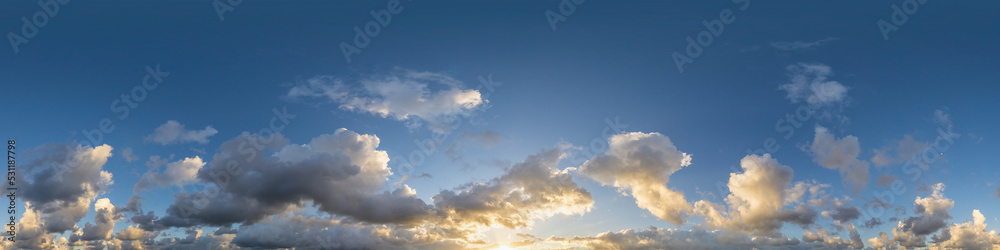 Dark blue evening sky panorama with Cumulus clouds. Seamless hdr pano in spherical equirectangular format. Complete zenith for 3D visualization, game and sky replacement for aerial drone 360 panoramas Dark blue evening sky panorama with Cumulus clouds. Seamless hdr pano in spherical equirectangular format. Complete zenith for 3D visualization, game and sky replacement for aerial drone 360 panoramas