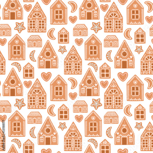 Gingerbread Christmas seamless pattern house cookies isolated on white vector