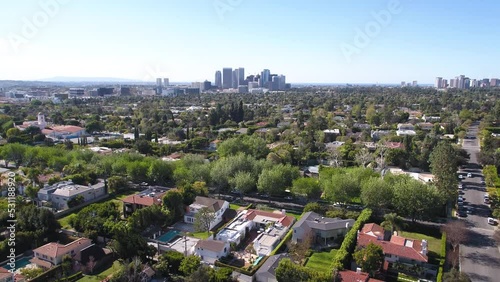 Far away Beverly Hills downtown skyline aerial view over suburbs and homes