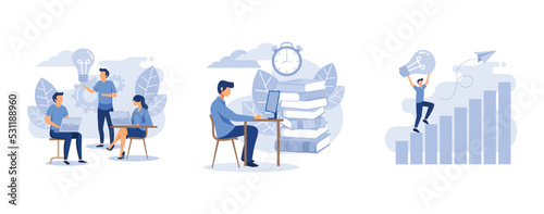 online assistant at work, home schooling, man goes the path to success with idea and concept, set flat vector modern illustration