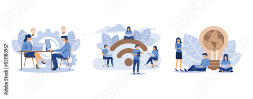 Internet assistant at work, public free wireless connection wireless point Wi-Fi, save energy and planet, set flat vector modern illustration
