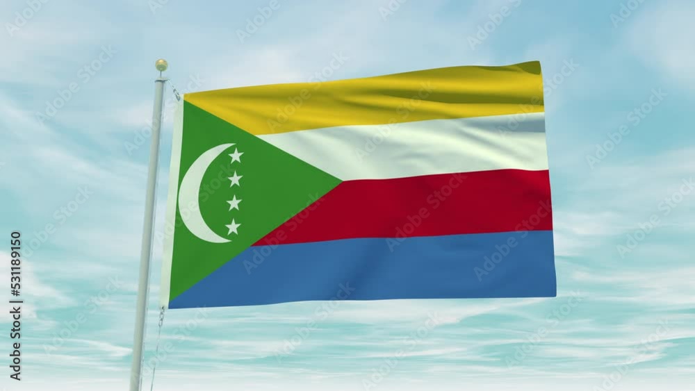 Seamless loop animation of the Comoros flag on a blue sky background.