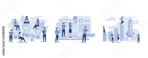 business meeting and brainstorming, little people fill out a form, people run to their goal on a column of columns, set flat vector modern illustrationset flat vector modern illustration