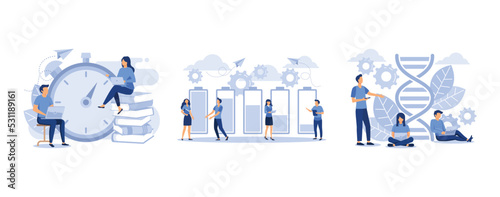 distance learning, discharged power sources, digital structure of dna, set flat vector modern illustration
