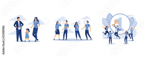 evil parents scold the child, a set of a couple of people quarrel and swear, winner with a gold cup in his hand, set flat vector modern illustration
