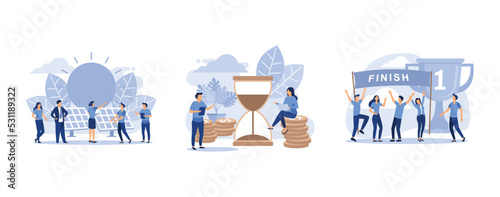 alternative renewable energy, the company is engaged in the joint construction and growth of monetary profit, come first to the finish line, set flat vector modern illustration