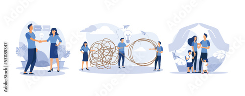 businessmen discuss social networks, tangle tangled and unraveled, happy prosperous family in flowers, set flat vector modern illustration