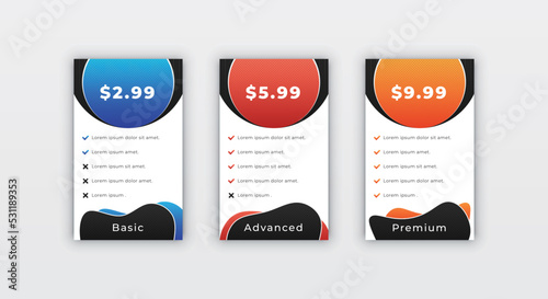 Website subscription pricing table design template