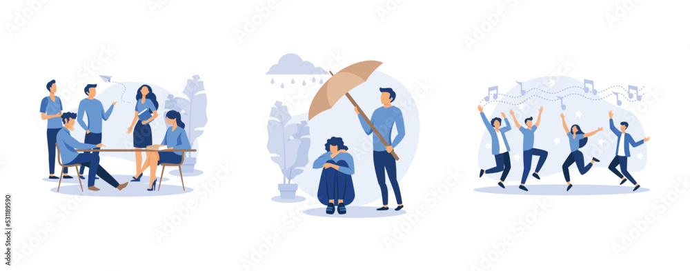businessmen discuss social network, a young man holds out an umbrella from the rain to another in a state of depression, a group of people dancing and having fun to the music, set flat vector modern i businessmen discuss social network, a young man holds out an umbrella from the rain to another in a state of depression, a group of people dancing and having fun to the music, set flat vector modern i