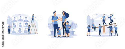 business company is looking for an employee for a job, mother father daughter son holding hands and hugging, groups of people on a swing and outweighs them, set flat vector modern illustration