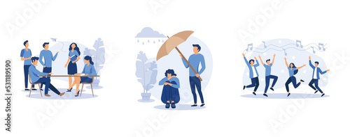 businessmen discuss social network, a young man holds out an umbrella from the rain to another in a state of depression, a group of people dancing and having fun to the music, set flat vector modern i