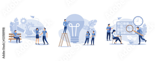 online conclusion of the transaction, fill the idea in the form of light bulb abstraction, work planning, set flat vector modern illustration
