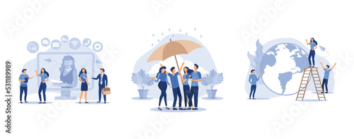 Tela male hotline operator advises client, people stand under umbrella under protecti
