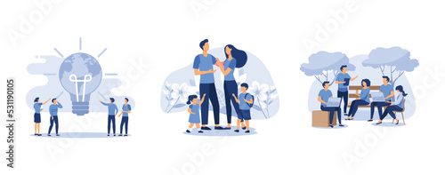 save energy and planet, mother father daughter daughter son cuddling together near, businessmen discuss social network, set flat vector modern illustration