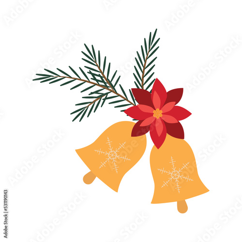 Two Christmas bells with a red flower and a spruce branch