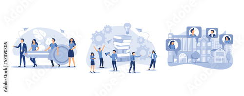 Businessman and entrepreneur go to the door with a key, little people with links of business mechanism, people on self-isolation communicate through social networks, set flat vector modern illustratio
